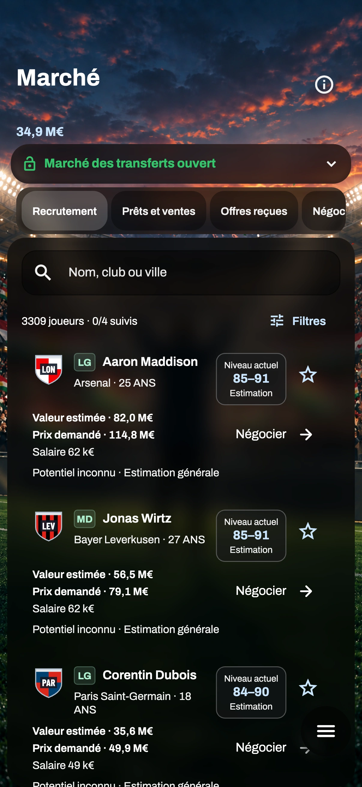 Aperçu du jeu — Recrutement & transferts
